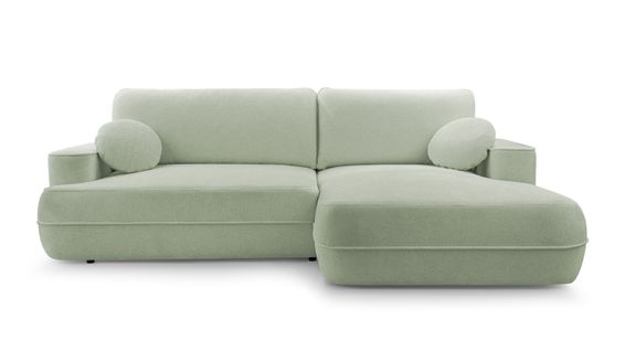 Canapé D'angle Droit En Tissu Vert Clair Peoni 267/168/87 Cm - Avec Coffre Et Fonction Lit