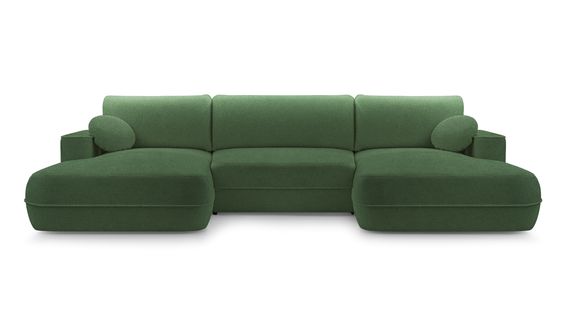 Canapé Panoramique En Tissu Vert Peoni U 364/168/87 Cm - Avec Coffre Et Fonction Lit