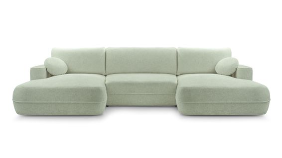 Canapé Panoramique En Tissu Vert Clair Peoni U 364/168/87 Cm - Avec Coffre Et Fonction Lit