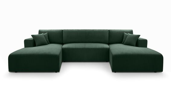 Canapé Panoramique En Velours Côtelé Vert Catea U  364/145/85 Cm - Coffre + Lit