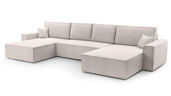 Canapé Panoramique En Velours Côtelé Crème Cedria U 389/145/85 Cm - Coffre + Lit