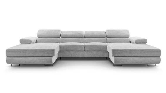 Canapé Panoramique En Velours Côtelé Gris Clair Arborio U 352/202/90 Cm - Coffre + Lit
