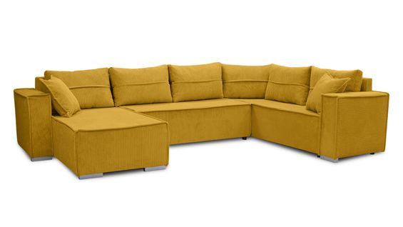 Canapé Panoramique En Velours Côtelé Jaune Lovere U 314/217/90 Cm - Avec Coffre Et Fonction Lit