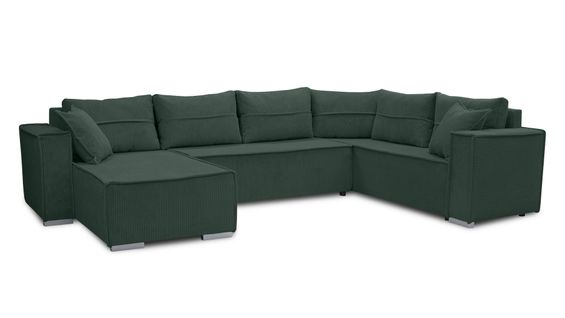 Canapé Panoramique En Velours Côtelé Vert Lovere U 314/217/90 Cm - Avec Coffre Et Fonction Lit