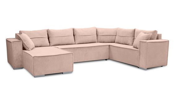 Canapé Panoramique En Velours Côtelé Rose Lovere U 314/217/90 Cm - Avec Coffre Et Fonction Lit