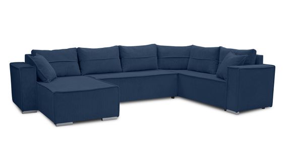 Canapé Panoramique En Velours Côtelé Bleu Lovere U 314/217/90 Cm - Avec Coffre Et Fonction Lit