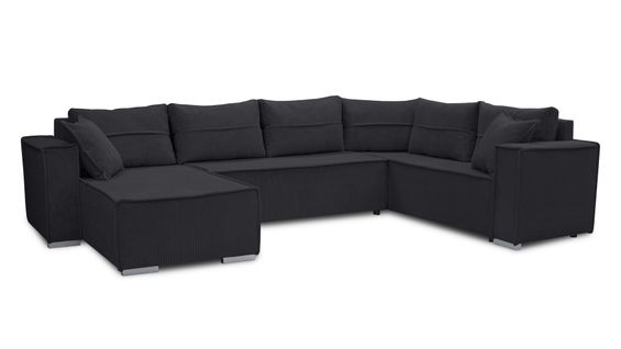 Canapé Panoramique En Velours Côtelé Noir Lovere U 314/217/90 Cm - Avec Coffre Et Fonction Lit