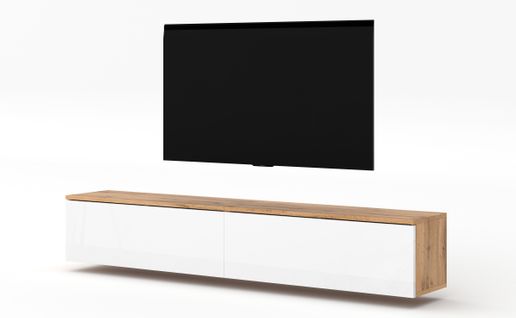Meuble TV Suspendu Loriano 200 Cm Chêne Wotan Et Blanc Brillant 200/34/32 - Push-to-open