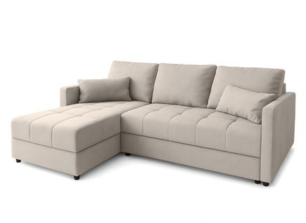 Canapé D’angle Réversible Capitonné En Tissu Beige Dolceo 226/140/78 Cm – Coffre + Lit