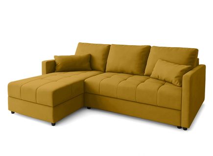 Canapé D’angle Réversible Capitonné En Tissu Jaune Dolceo 226/140/78 Cm – Coffre + Lit