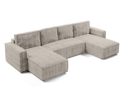 Canapé Panoramique En Velours Côtelé Beige Aydin U 338/169/85 Cm - Coffre + Lit