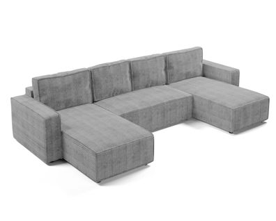 Canapé Panoramique En Velours Côtelé Gris Clair Aydin U 338/169/85 Cm - Coffre + Lit