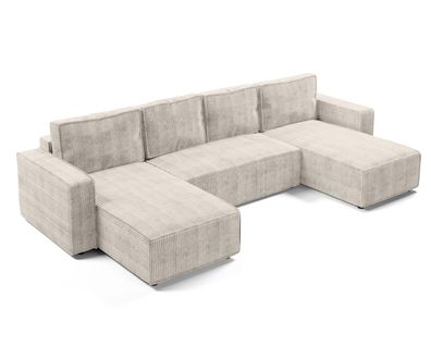 Canapé Panoramique En Velours Côtelé Crème Aydin U 338/169/85 Cm - Coffre + Lit