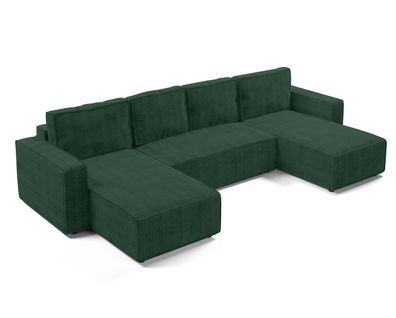 Canapé Panoramique En Velours Côtelé Vert Foncé Aydin U 338/169/85 Cm - Coffre + Lit