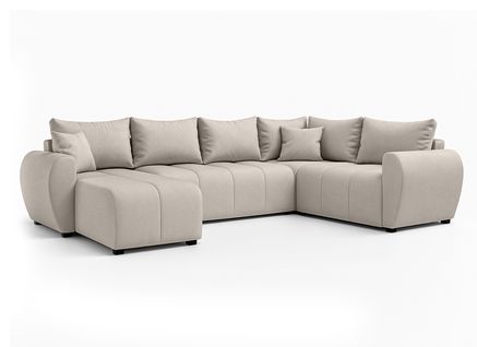 Canapé Panoramique Droit En Tissu Beige Malatya U 303/208/82 Cm - Avec Coffre Et Fonction Lit