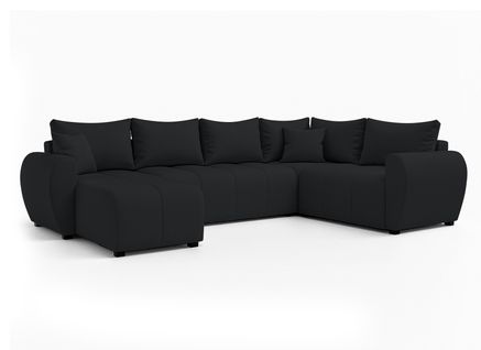 Canapé Panoramique Droit En Tissu Noir Malatya U 303/208/82 Cm - Avec Coffre Et Fonction Lit