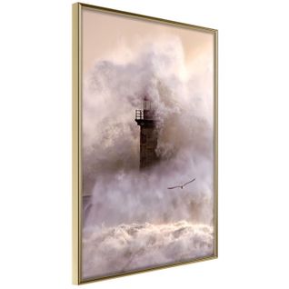 Affiche Murale Encadrée "lighthouse During à Storm" 30 X 42 Cm Doré