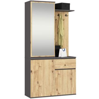 Ensemble De Meubles D'entrée Entro Gris Graphite, Chêne Artisan Avec Armoire Et Miroir 95x35x183 Cm