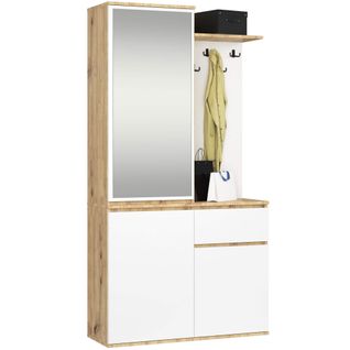 Ensemble De Meubles D'entrée Entro Chêne Artisan, Blanc Avec Armoire Et Miroir 95x35x183 Cm