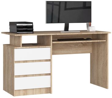 Bureau D'ordinateur Akord Clp Chêne Sonoma 135 Cm 3 Tiroirs Façade Blanche 2 Étagères 135x60x77 Cm