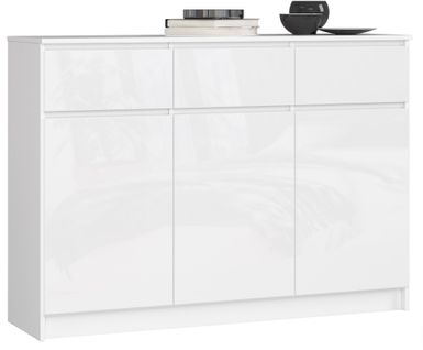 Commode K140 Blanche 138 Cm 3 Portes 3 Tiroirs Façade Blanche Brillante 6 Étagères 138x40x99