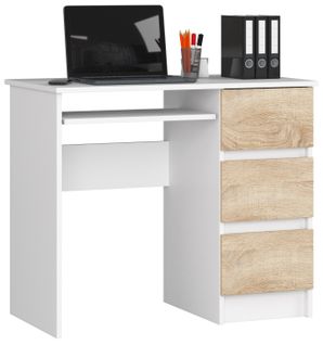Bureau D'ordinateur Droit A6 Blanc 90 Cm 3 Tiroirs Façade Chêne Sonoma 1 Étagère 90x50x77 Cm