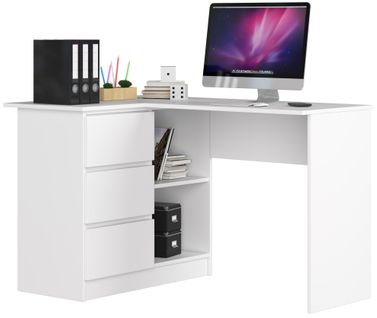Bureau Akord D'angle Gauche B16 Blanc 124 Cm 3 Tiroirs Façade Blanche 2 Étagères 124x85x77 Cm