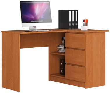Bureau D'angle Droit B16 Aulne 124 Cm 3 Tiroirs Façade Aulne 2 Étagères 124x85x77 Cm
