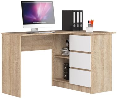 Bureau D'angle Droit B16 Chêne Sonoma 124 Cm 3 Tiroirs Façade Blanche 2 Étagères 124x85x77 Cm