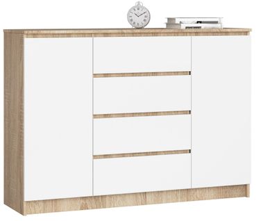 Commode K140 Chêne Sonoma 138 Cm 2 Portes 4 Tiroirs Façade Blanche 4 Étagères 138x40x99 Cm