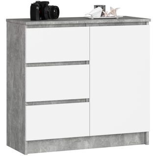 Akord Buffet Jerry 1 Porte 3 Tiroirs Béton/blanc 80x35x77