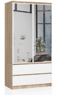 Akord Armoire 2 Portes 2 Tiroirs 2 Miroirs Chêne Sonoma Et Blanc 90x51x180