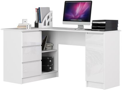 Akord Bureau D'angle Gauche 3 Tiroirs 1 Placard Blanc/blanc Brillant 155x85x77