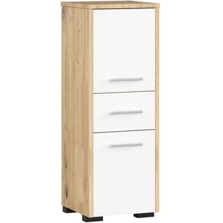Colonne Salle De Bains Akord Fin Chêne Artisan, Blanc 2 Portes 1 Tiroir 3 Étagères 30x30x85 Cm