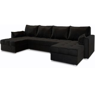 Canapé D'angle Nako Noir En Peluche Avec Fonction De Couchage