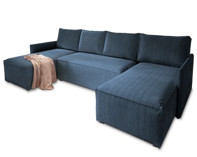 Canapé D'angle Tres Bleu En Velours Côtelé Avec Fonction De Couchage