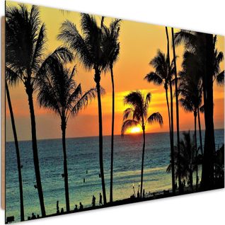 Tableau Bois Palmiers Au Coucher Du Soleil 60 X 40 Cm Orange