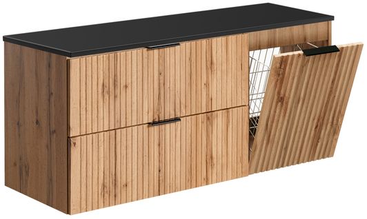 Meuble Suspendu Sous Vasque Adel Chêne 120 Cm Avec Panier à Linge Et Plan Noir