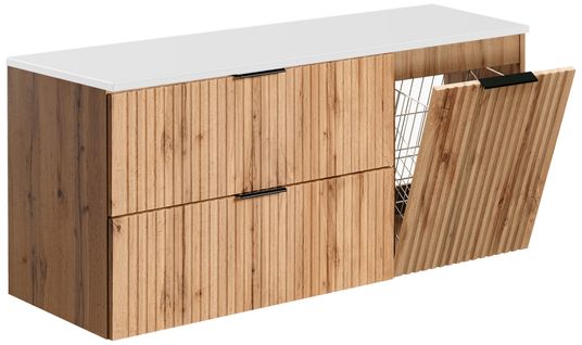 Meuble Suspendu Sous Vasque Adel Chêne 120 Cm Avec Panier à Linge Et Plan Blanc