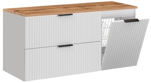 Meuble Suspendu Sous Vasque Adel Blanc 120 Cm Avec Panier à Linge Et Plan Chêne