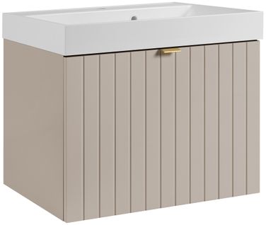 Meuble Vasque Suspendu Harmo 60 Cm Avec Vasque Encastrée En Résine Façade Rainuré Cachemire