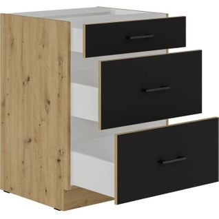 Meuble Bas Casserolier - Modena - 60 Cm - 3 Tiroirs - Chêne Artisan Et Noir Mat - Cuisinier