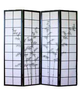 Paravent Japonais En Bois Noir Dessin Bambou De 4 Pans