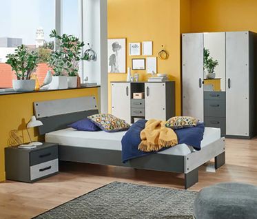 Chambre à coucher Enfant (lit 140x200 Cm + 1 Chevet + Buffet + Armoire) béton clair/graphite