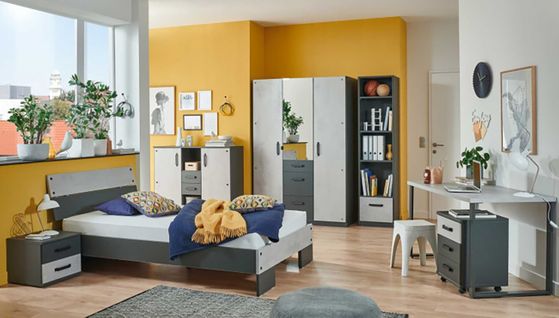 Chambre à Coucher Complète Enfant Coloris Imitation Béton Clair/graphite - 90x200 Cm