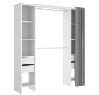 Armoire Dressing Extensible Avec Rideau + 4 Tiroirs Coloris Blanc - L. 100-180 X H. 203 X P. 50 Cm