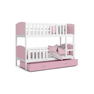 Lit Superposé Tomy 90x190 Blanc - Rose Livré Avec Sommiers, Tiroir Et Matelas En Mousse De 7cm
