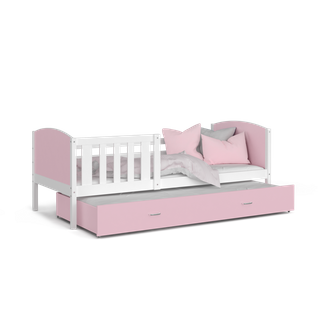 Lit Gigogne Tomy 90x190 Blanc - Rose Livré Avec Sommiers, Tiroir Et Matelas En Mousse De 7cm