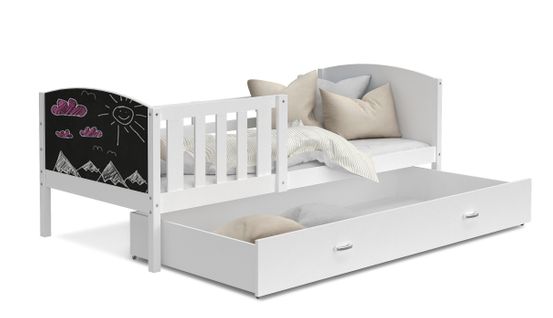 Lit Enfant Tomy Blanc 90x190 Avec Ardoise + Matelas + Sommier
