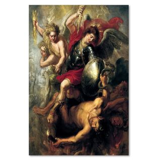 Tableau Bois L'archange Michael Précipita Lucifer Et Les Anges Rebelles 40 X 60 Cm Rouge